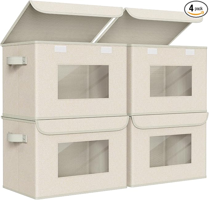 Univivi Collapsible Stackable Storage Bins with Lids, 4 Pack, Beige | 17 x 12 x 12 In Foldable Fabric Closet Organizer Containers, Stackable Closet Organizer and Storage for Home, Office, Bedroom by Univivi