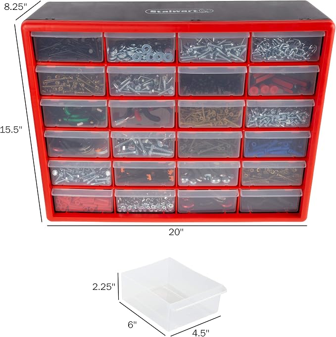 Stalwart Plastic 24 Drawer Organizer Compartment Parts Storage Cabinet, Red | Tabletop, Desktop, or Wall Mount Container - Small Parts Organizer for Hardware, Craft Supplies, Beads, or Tools - Image 3
