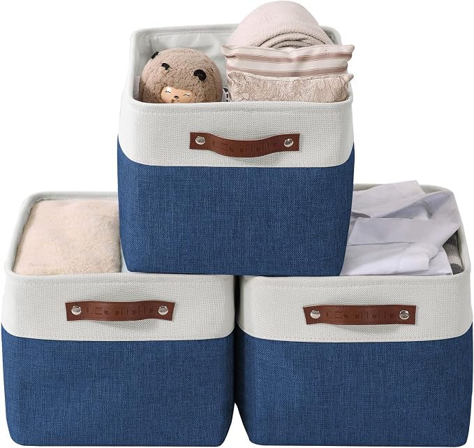 DECOMOMO Storage Bins, Large Fabric Storage Baskets for Shelves 3 Pack | 15 x 11 x 9.5 inches Decorative Linen Closet Organizers (Navy Blue & White) by DECOMOMO