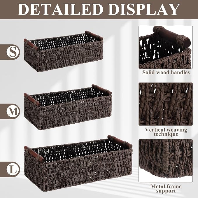 Boao 3 Pcs Boho Storage Wicker Baskets Handmade Woven Decorative Paper Rope Baskets for Organizing with Handle Countertop Toilet Paper Storage Container for Toilet Tank Top(Dark Brown,Rectangle) - Image 3