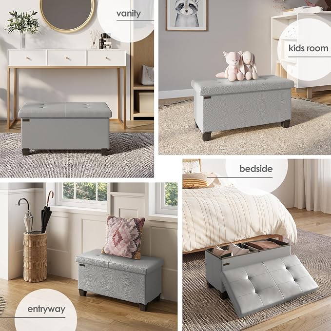 Storage Ottoman Bench with Bins, 30-in Storage Bench for Bedroom End of Bed, Folding Foot Rest Ottoman for Living Room Max 660lbs, Leather Ottomans, Light Grey - Image 4