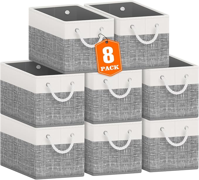 Storage Bins 8-Pack, Foldable Storage Baskets for Organizing Toys, Books, Shelves, Closet, Large Storage Box with Rope Handles, Sturdy Organizer Bins, White & Grey by Fabtotes