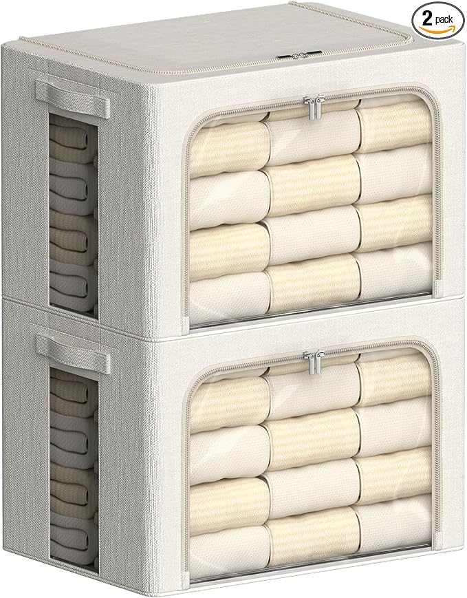 FHSQX 2 Pack Clear Window Storage Bins Large Stackable Linen Fabric Storage for Clothes Foldable Container Organizer Set with Carrying Handles (Lvory White, 23.6x 16.5x 15.7 Inch) by FHSQX