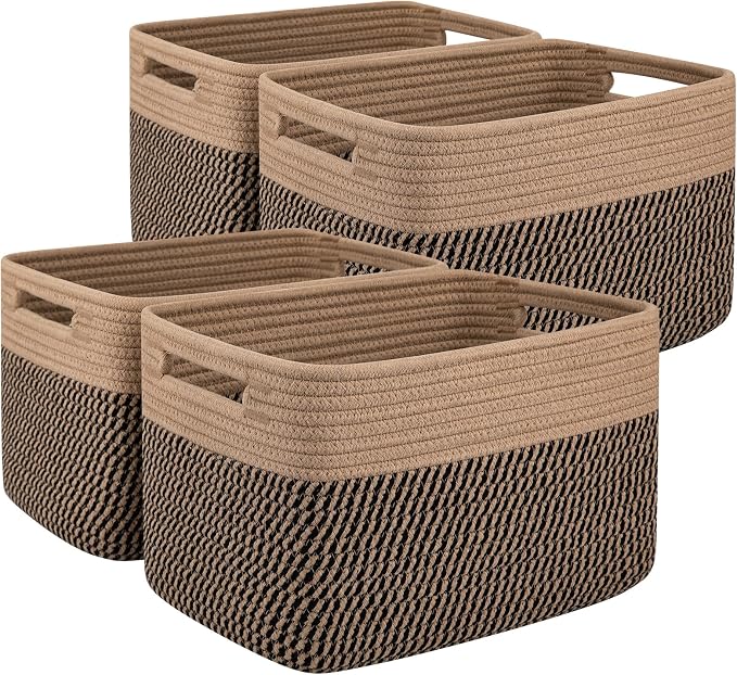 OIAHOMY 4 Pack Storage Basket, 13"x9"x7.8" Cotton Rope Baskets for Shelves, Closet Organizer for Bedroom & Living Room, Soft Decorative Bins for Organizing Towels, Books & Toys, Brown & Black by MasterofSpaceOptimization