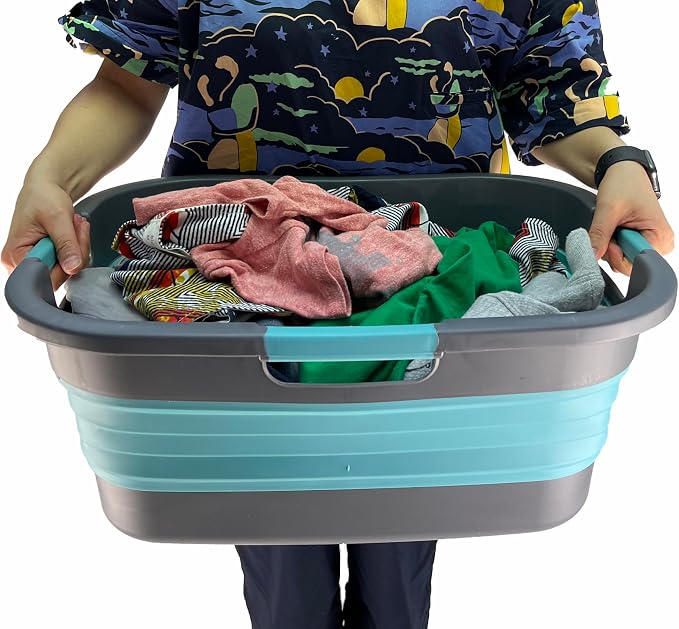 SAMMART 30L (7.9 gallon) Collapsible Plastic Laundry Basket - Foldable Pop Up Storage Container/Organizer - Portable Washing Tub - Space Saving Hamper/Basket (1, Grey/Crystal Blue) - Image 7