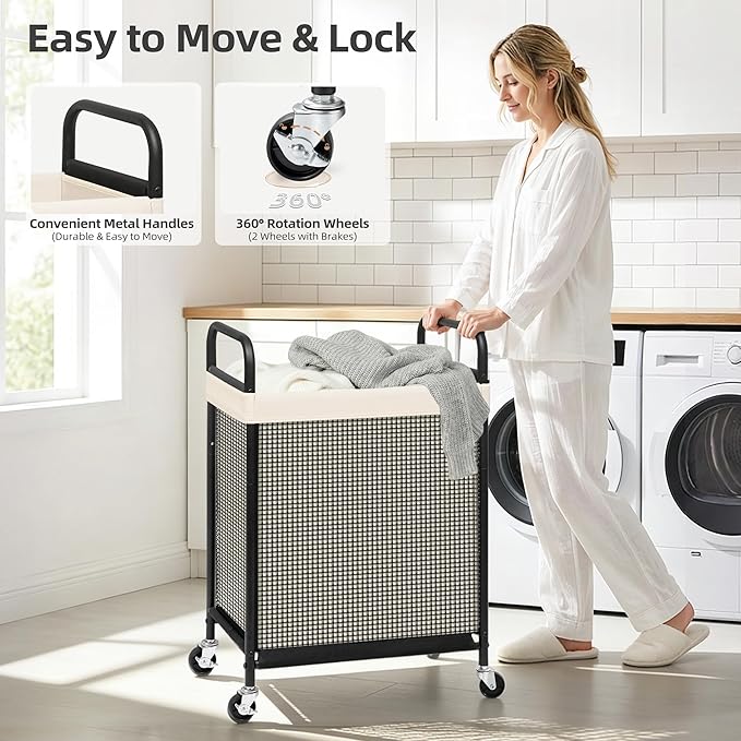 STORAGE MANIAC Rolling Laundry Hamper with Wheels 1-Section Laundry Sorter Rolling Laundrys Basket on Wheels with Removable Bag Clothes Hamper Laundrys Organizer Cart Bathroom Bedroom 90L Beige - Image 5