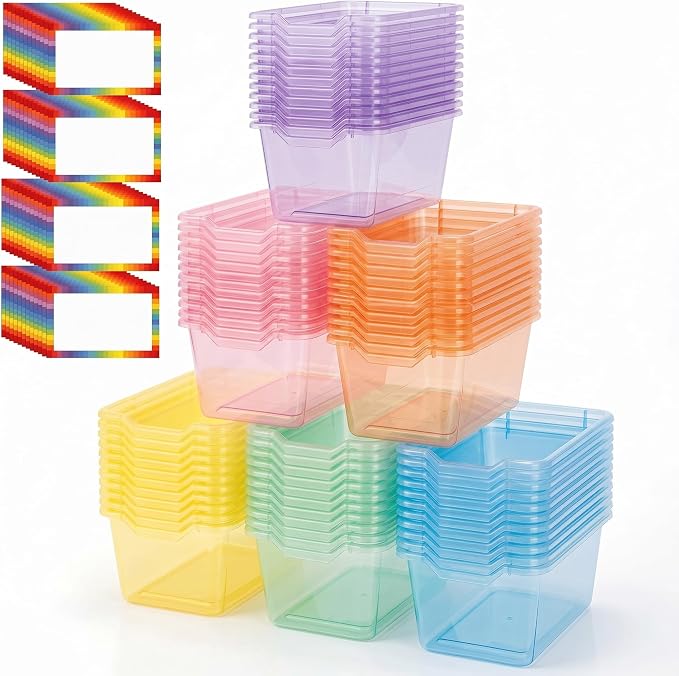 Funrous 72 Pack Plastic Cubby Bins for Classroom, Stackable Storage Bins with Rainbow Labels and Handles Cubby Organizer Containers for Teacher Supplies Home Office Daycare and Playroom (Pastel) by Funrous