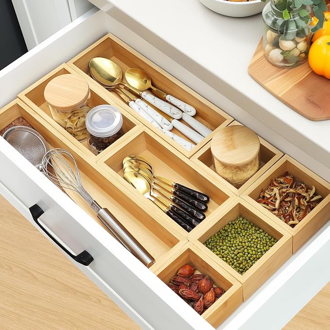 MapleGrace Bamboo Drawer Organizer Set, 9 PCS Wood Storage Organizers | Multi-Use Junk Drawer Divider, Storage Trays Containers for Kitchen, Bathroom, Office Desk, Makeup, Jewelry, Utensils - Image 6