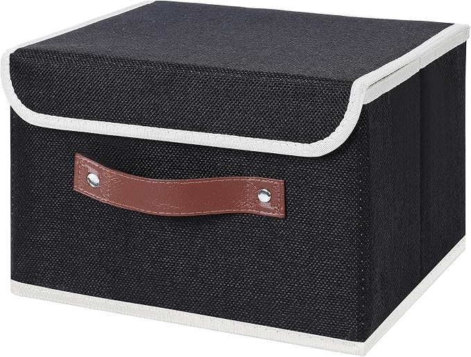 ANMINY Fabric Storage Box Bins with Lids, Black, 10"x8"x7" | Keepsake Memory Storage, Cotton Linen, PP Board Reinforced, Washable, PU Handles, Foldable & Stackable, Decorative, Small by ANMINY