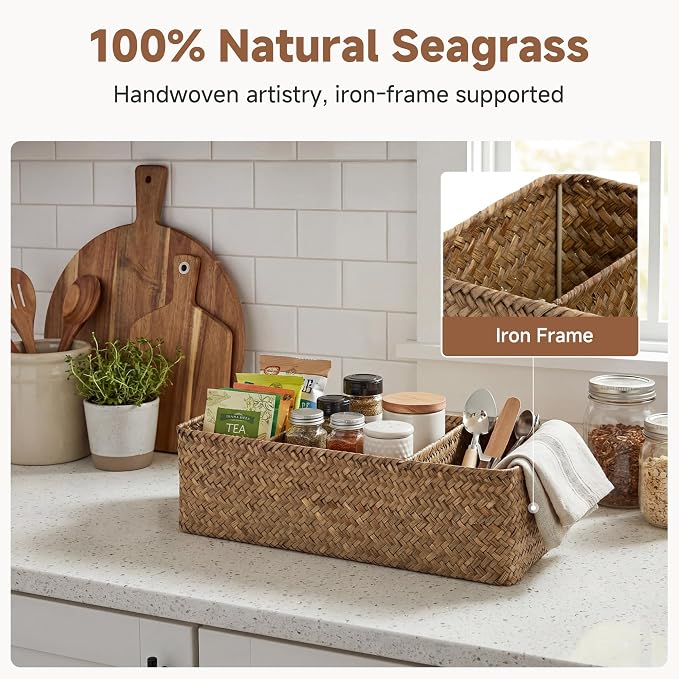 StorageWorks Toilet Paper Basket, 3-Section Toilet Tank Basket, Seagrass | Wicker Basket, Toilet Paper Storage for Back of Toilet Tank, Woven Baskets for Shelves, Wicker Baskets with 3 Compartments - Image 4