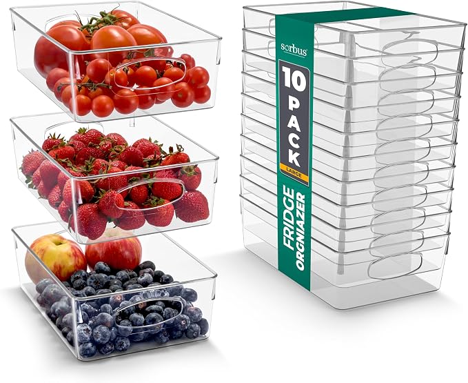 Sorbus Fridge Organizers and Storage, Clear Bins (Large, 10 Pack) | Plastic bin with easy access for cabinets, packaged food, produce and household supplies; contents stay visible for sorting by Sorbus