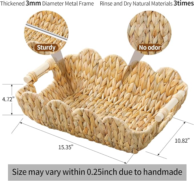 Coeusy Gift Basket, Cute Wicker Basket for Gifts, Scalloped Woven Water Hyacinth Storage Basket with Wooden Handles for Snack, Display, Shelves, 2 Pack - Image 4