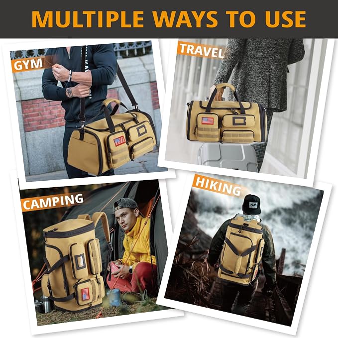 Expandable Gym Bag for Men,Tactical Large 3-in-1 Travel Duffle Backpack Bag | Water-Resistant Sports Bag With Shoes Compartment,Multi-Functional Travel Duffel Bag For Weekend, Overnight, Workout,Camping - Image 2
