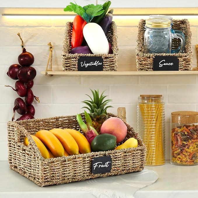 4 Pcs Natural Seagrass Storage Baskets Set Stackable Handwoven Wicker Storage Bins with Chalkboard Label Built-in Handles Woven Container Basket Kitchen Baskets for Shelves - Image 6