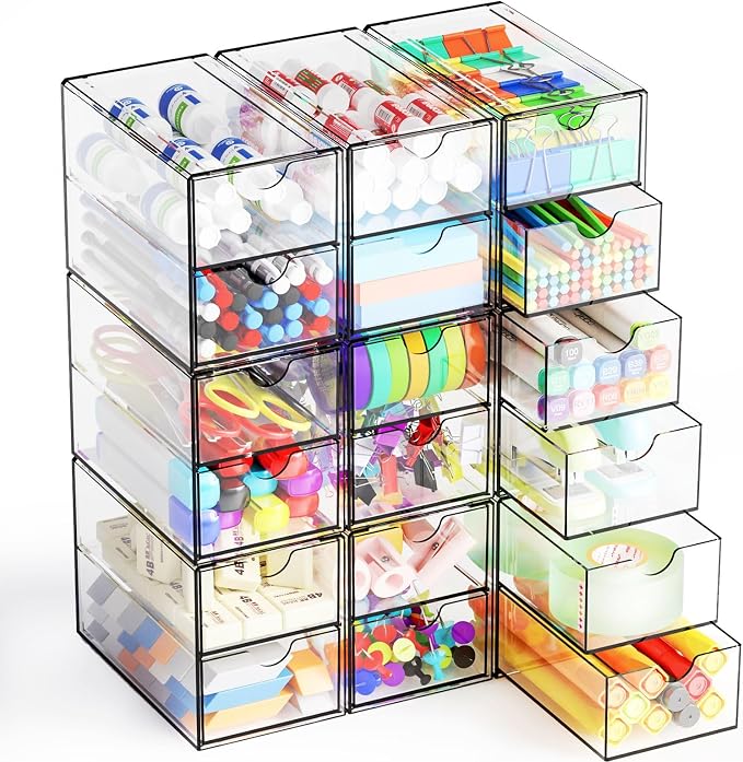 9 Pack Small Acrylic Drawers With 18 Drawers,Clear Drawer Organizers Stackable,School,Office Supplies Organizer And Storage Bins for Stationery,Pen,Pencil,Craft,Glasses,Sunglass Organizer Case - Image 9