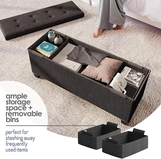 Storage Ottoman Bench with Bins, 43-in Storage Bench for Bedroom End of Bed, Folding Foot Rest Ottoman for Living Room Max 660lbs, Fabric Ottomans, Black - Image 3