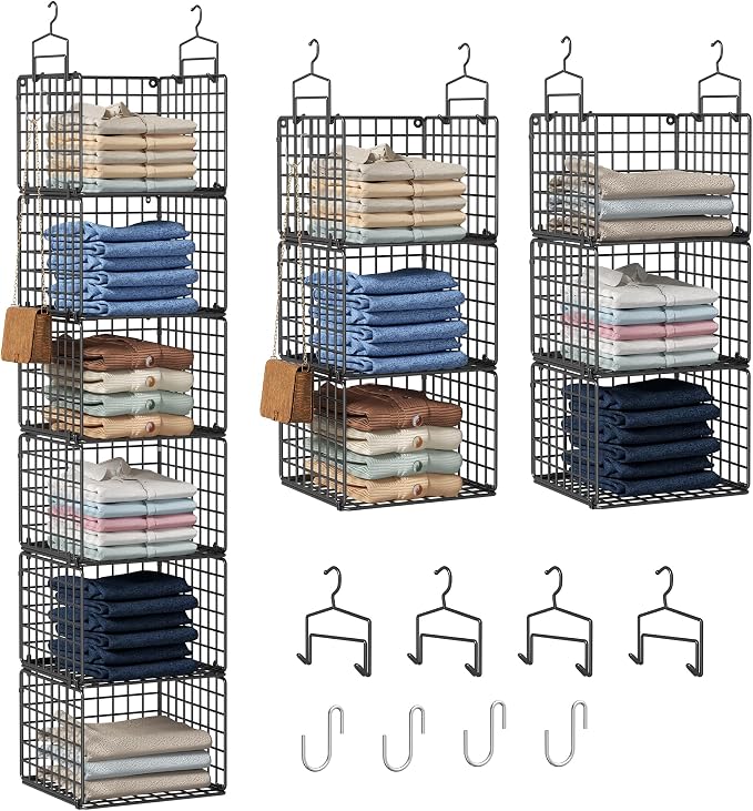 6 Tier Closet Hanging Organizer, Metal Closet Organizers and Storage with 4 Hanging Hooks 4 S-Hooks for Wardrobe Laundry Room, Wire Storage Shelf for Clothes Sweaters Pants (Black) by Orapoke