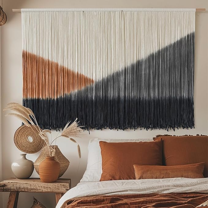 Macrame Wall Hanging Black Dip Dye Boho Wall Art for Living Room 57"W*35"L | Dip Dyed Wall Hanging, Large Wall Art, Handmade Cotton Craft, for Living Room Bedroom Accent, Unique Home Decor - Image 2