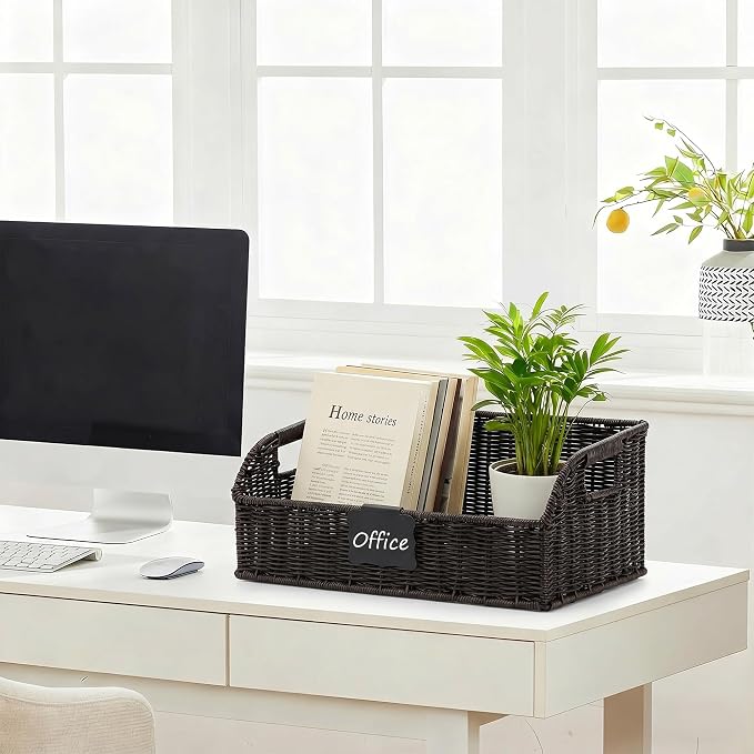 Pantry Organizers, Handwoven Large Wicker Baskets for Shelves, Labeled Storage Baskets for Organizing with Handles - Waterproof Plastic Storage Bins, Boho Decorative, 3Pack, Black - Image 5