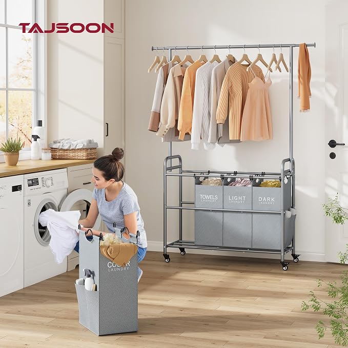 Laundry Sorter 4 Section, Laundry Basket with Hanging Rack, Gray | 196L Laundry Hamper with Hanging Rack and Heavy Duty Lockable Wheels, Rolling Laundry Cart for Bathroom, Bedroom, Home - Image 2