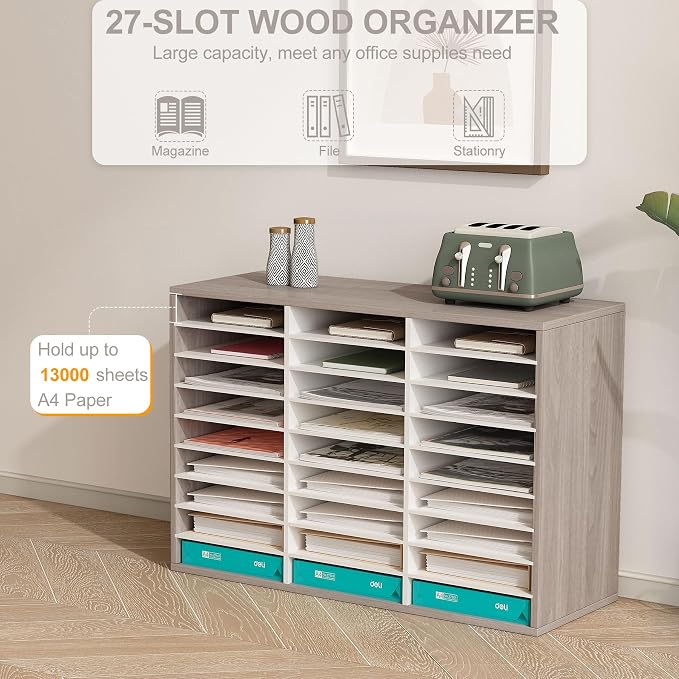 EasyPAG 27 Compartments Wooden Literature Organizer with Adjustable Shelves, 13500 Sheets Capacity Paper Organizer, Classroom Mailbox and Mail Sorter for Teachers and Office, Retro Gray/White - Image 3