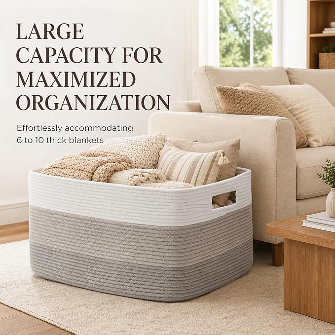OIAHOMY Large Blanket Basket, 22”x17”x12” Rectangle Woven Baskets, Nursery Blanket Storage Living Room, Toy Storage With Handle, Large Baskets for Organizing-Gradient Grey (Pack of 2) - Image 3