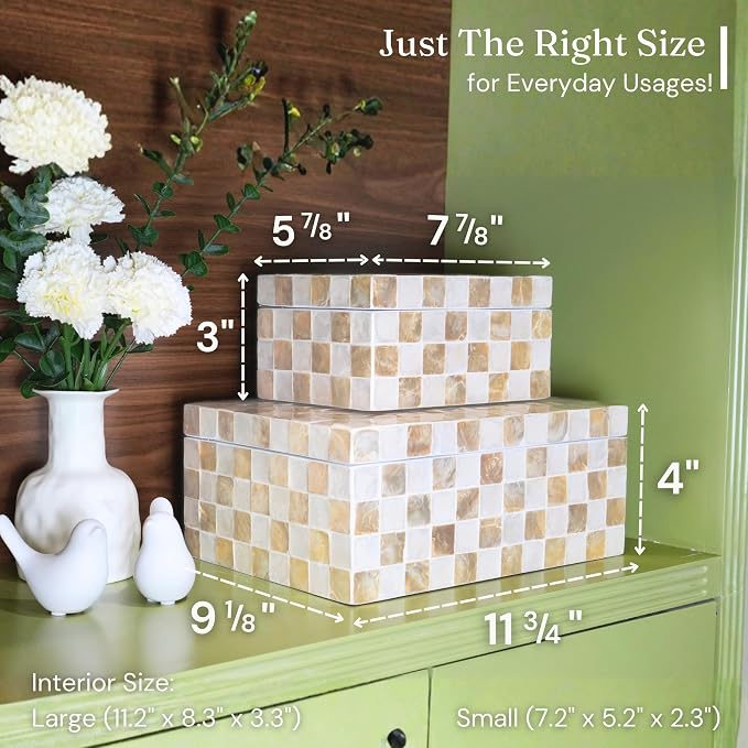 12"x8" Capiz Shell Decorative Boxes with Lids, Ivory, Set 2 | Lidded Storage Keepsake Boxes For Photos, Letters & Jewelry, Decorative Beige Keepsake Trunk, Trinket Boxes For Home Decor - Image 3