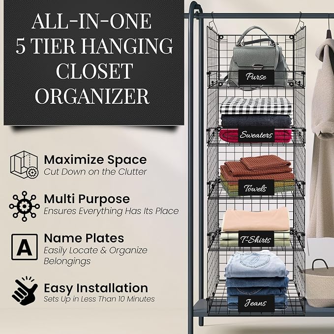 DECOLURE 5-Tier Adjustable Hanging Closet Organizer – Maximize Hanging Storage w/ 4 Hanging Hooks, 8 S Hooks & 5 Name Plates - Sturdy Foldable Wire Storage Hanging Shelves for Clothes, Towels (Black) - Image 4