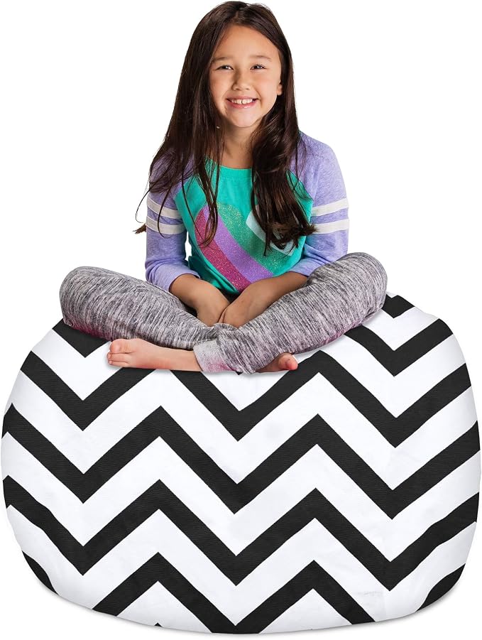 Posh Creations Kids Stuffed Animal Storage Bean Bag Chair Cover - Childrens Toy Organizer, Large-38in, Canvas Chevron Black and White by PoshCreations