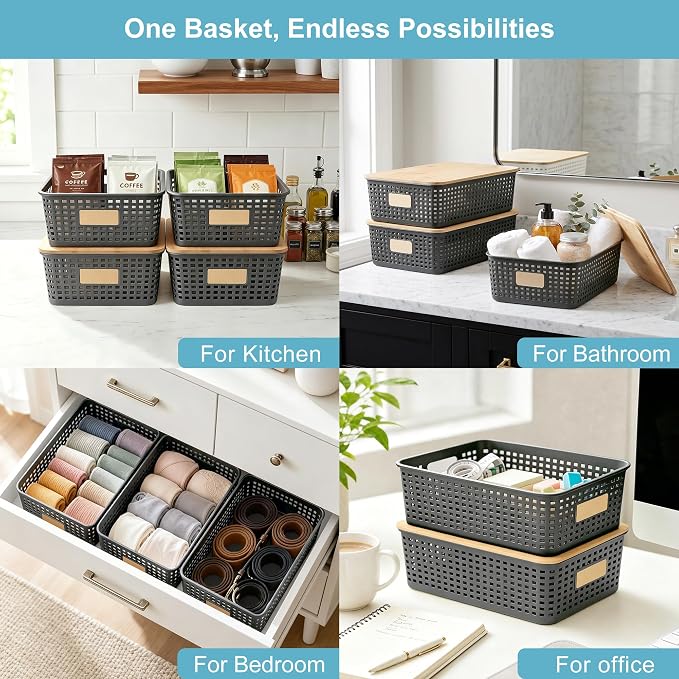 4 Pack Plastic Storage Bins with Bamboo Lids, 6.2qt Stackable Storage Organizer Box with Lable for Pantry Shelves Drawers Desktop Office, 12"L x 8.3"W x 3.5"H, Gray - Image 5