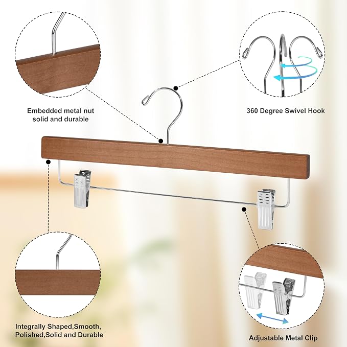 Quality Hangers Wooden Pants Hangers - 120-Pack Swivel Hook Cloth Hanger Set - Lotus Wood Skirt, Pant, Shorts and Slack Hangers with Adjustable Clip – Clothing Hanger Set (Walnut - Chrome Hook, 120) - Image 2
