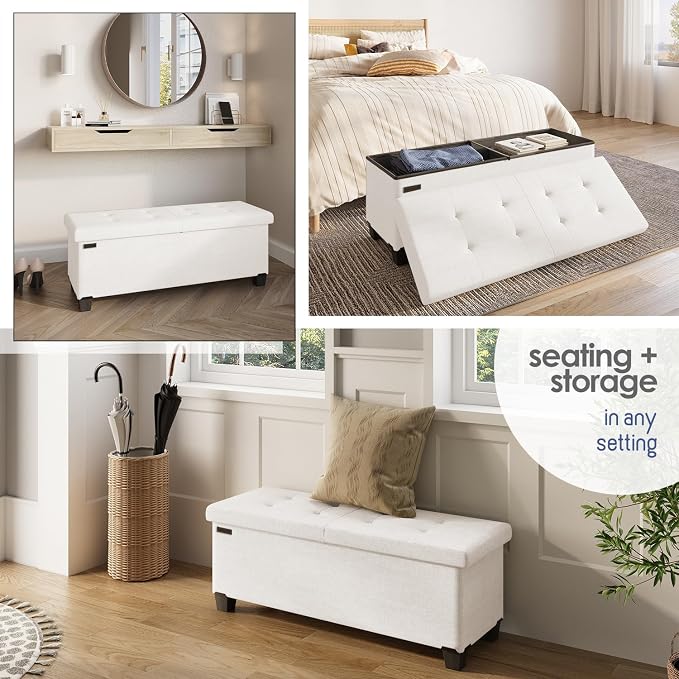 Storage Ottoman Bench with Bins, 43-in Storage Bench for Bedroom End of Bed, Folding Foot Rest Ottoman for Living Room Max 660lbs, Fabric Ottomans, Beige - Image 4