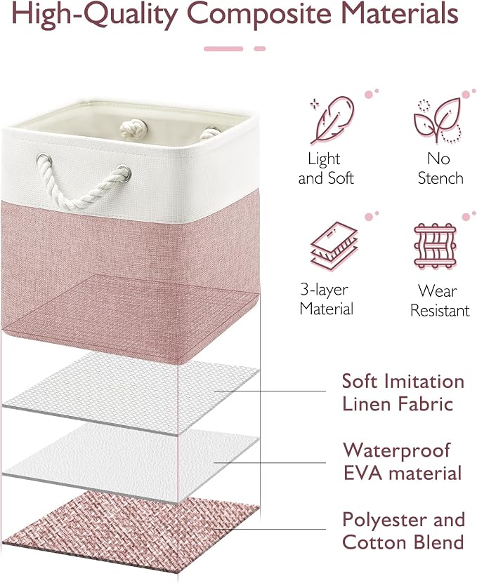 Patvingot 13-Inch Fabric Cube Storage Bins with Handles,4 Pack,Foldable | For cube shelves and closets,keeps grouped for everyday access,reinforced opening and fold-flat storage,white and pink - Image 3