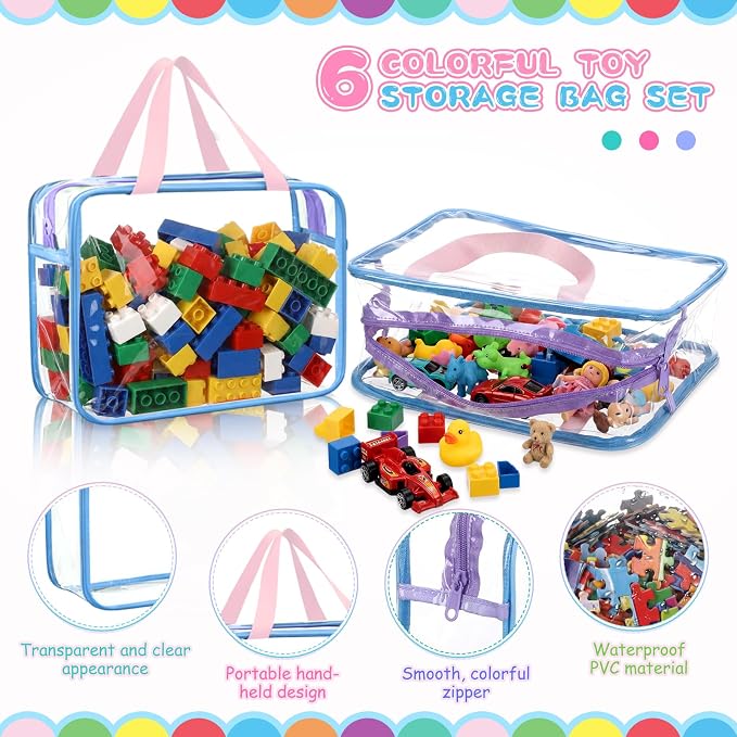 Shinylin 6 Packs Large Toy Storage Bags with Labels Clear PVC Toy Organizer with Zipper Colorful Classroom Storage Reusable Waterproof Organizer for Playroom School Blocks Game (Mix Pastel Color) - Image 3
