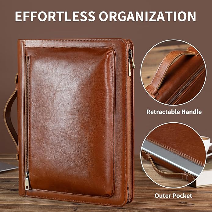 YIWEN Leather Portfolio with Handle, Zippered Front Pocket and Clip - Image 3