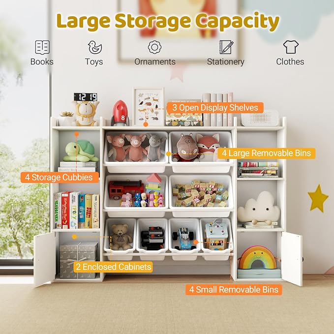 Costzon Kids Toy Storage Organizer w/ 8 Bins, Wooden Toddler Bookcase w/Open Shelves & Cabinet, Multifunctional Toy Storage Cabinet for Kids Room, Nursery & Playroom - Image 4