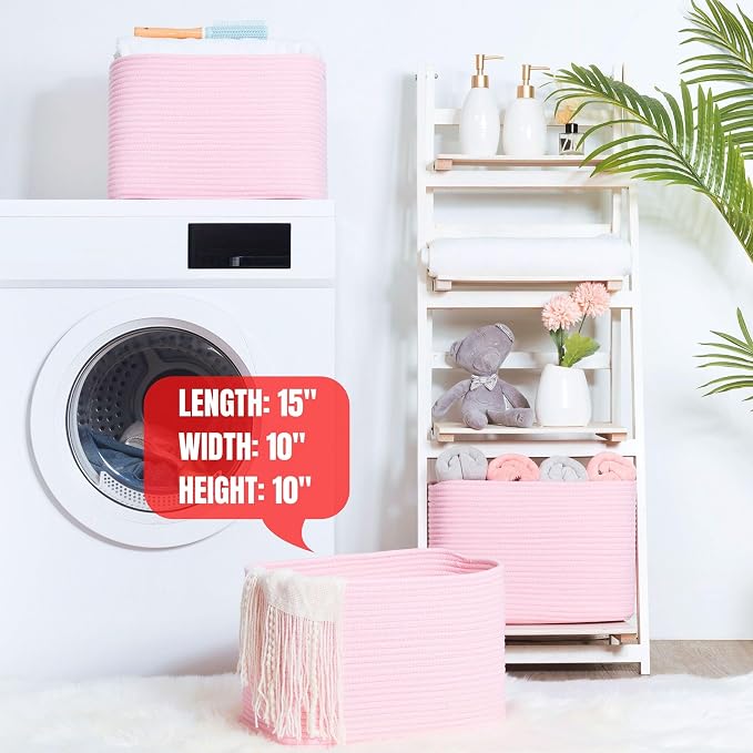 3-Pack Decorative Woven Storage Baskets for Shelves, Cube Bin Box for Organizing Books, Shoes, Dog Toys, Pantry Closet and Living Room Organizer, Soft Pink - Image 6
