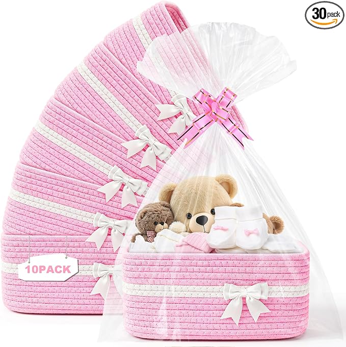10 Pack Empty Gift Baskets, 12x8x5 Small Pink Woven Cotton Rope Baskets with Gift Bags & Ribbons, Decorative Baby Shower Hamper, Nursery Storage Basket with Handles for Shelves by Mkway