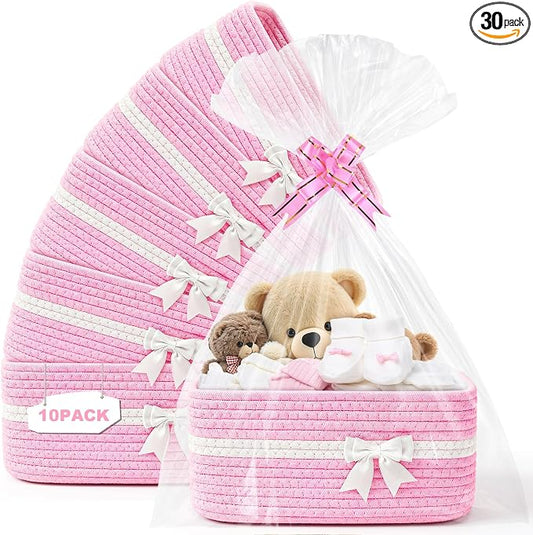10 Pack Empty Gift Baskets, 12x8x5 Small Pink Woven Cotton Rope Baskets with Gift Bags & Ribbons, Decorative Baby Shower Hamper, Nursery Storage Basket with Handles for Shelves by Mkway