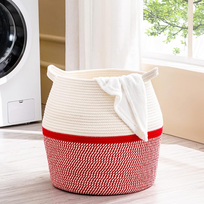 KAKAMAY Woven Baskets for Storage(17"x17"),Large Cotton Rope Woven Baby Laundry Hamper,Collapsible Laundry Basket, Blanket Basket for Organizing Living Room,Nursery,Pillows,Toy Chest(Red) - Image 3