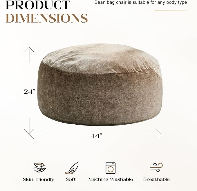 Hobestluk Bean Bag Chair for Adult Giant Beanbag with Filler Brown 4FT | Breathable Material Removable Machine Washable Cover Memory Foam Living Room Bedroom Reading Gaming Oversized Large Big - Image 2