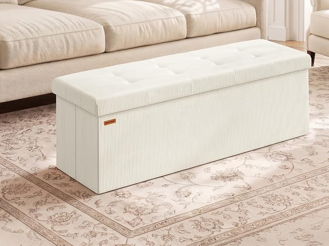 SONGMICS MAZIE Collection - Storage Ottoman Bench, Foldable Foot Rest, 15 x 43 x 15 Inches, End of Bed Bench, Storage Chest, Load 660 lb, Living Room, Bedroom, Entryway, Cream White ULSF604W01 by Unknown