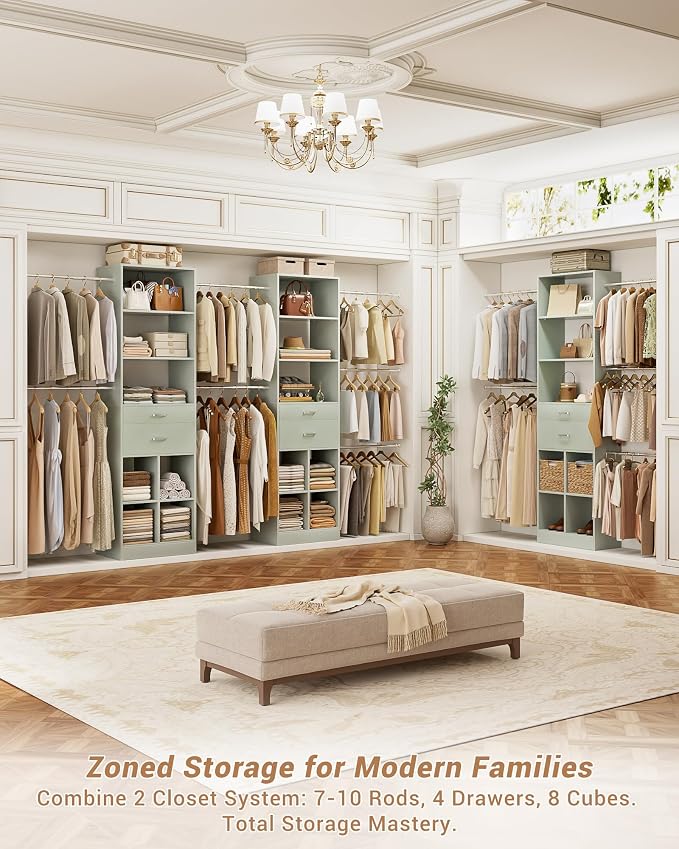 Small Closet System, 3.2-6.8FT Small Closet Organizer with 2 Wooden Drawers & 5 Hanging Rods, Can Fit 37.5 to 81.9 inch Walk-in Closet System, Built-in, Crab Green, Enclosed Storage Volume 2.32 ft³ - Image 7