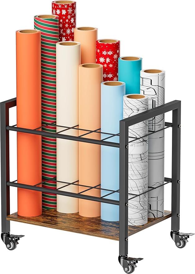Blueprint Storage Rack Cart, 15 Slots Metal Rolling File Holder with Wheels & Adjustable Pads, Mobile Gift Wrapping Paper Organizer for Maps/Posters/Architectural Construction Plans, Black by Tigerden