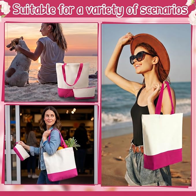 Sanwuta 30 Pcs Canvas Tote Bags Bulk with Zipper Cosmetic Pouch,Rose Red | 18.5" Reusable Cotton Shopping Bag with Handle for DIY Craft - Image 2