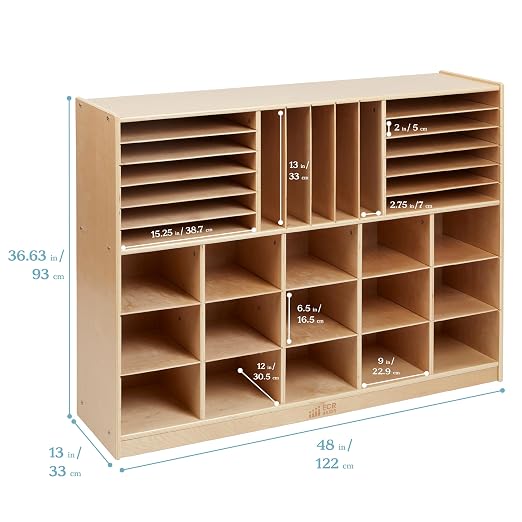 ECR4Kids Multi-Section Mobile Tray Cabinet with Cubby Storage Compartments, Kids Furniture, Natural, 48"D x 13"W x 36"H - Image 3