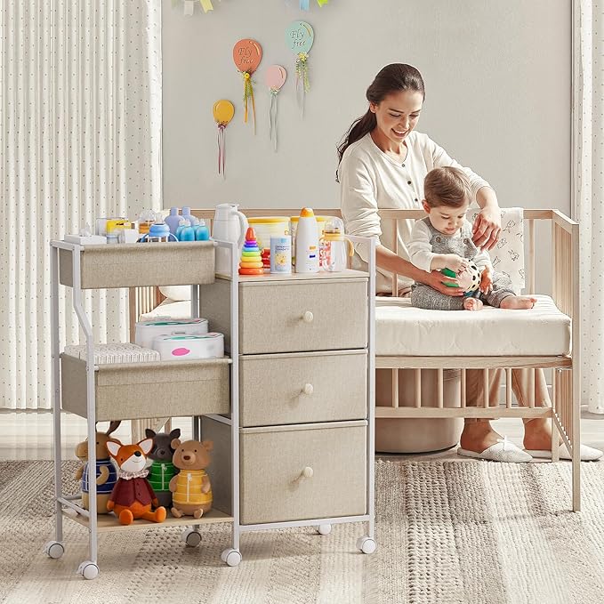 Modanais Baby Diaper Caddy Organizer Rolling Cart with Drawers, Off White | Detachable Dividers, 3 Tier Rolling Cart, Mobile Utility Cart with Wheels for Nursery, Bedroom, Changing Table & Crib - Image 3