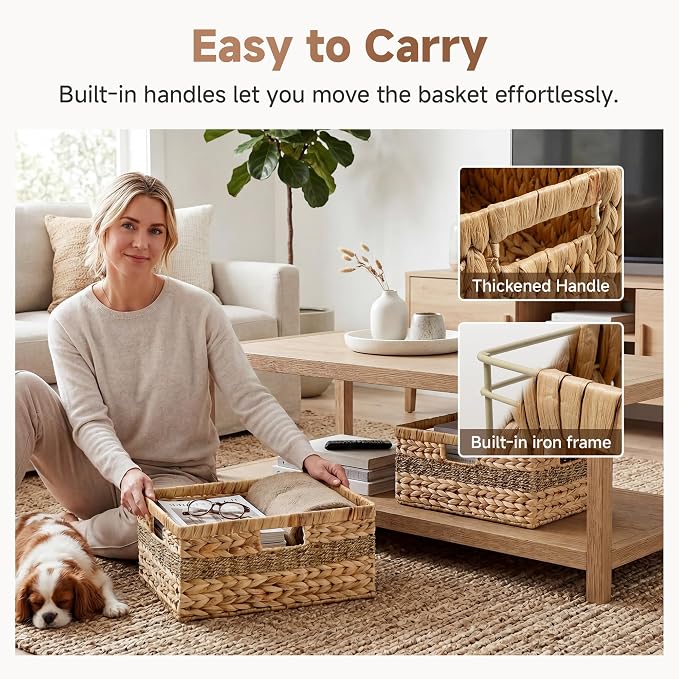 StorageWorks Jumbo Rectangular Wicker Basket, Water Hyacinth and Seagrass Storage Basket with Built-in Handles, 1 Pack | Woven Storage Baskets Water Hyacinth Seagrass, Large Seagrass Basket, Wicker Storage Baskets for Shelves, Woven Baskets - Image 4