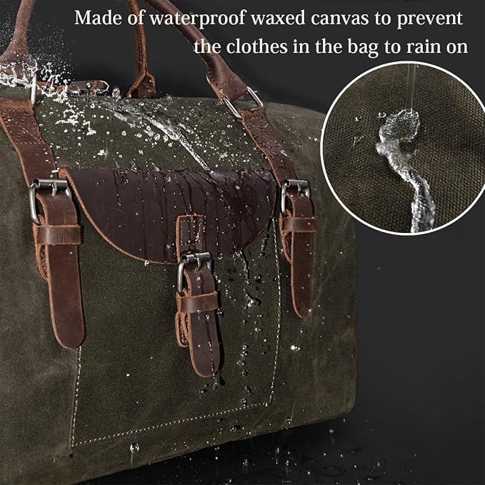 Oversized Travel Duffel Bag Waterproof Canvas Genuine Leather Weekend bag Weekender Overnight Carryon Hand Bag, Dark Brown - Image 2