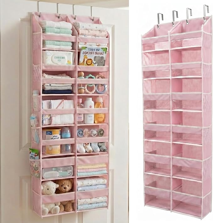 Over the Door Organizer, 6-Tier XL, 100D Fabric, Baby Pink | Extra wide over the door organizer, 65 lb capacity, 12 side mesh pockets, heavy-duty 100D fabric, bedroom & nursery storage by HomeluxTheory